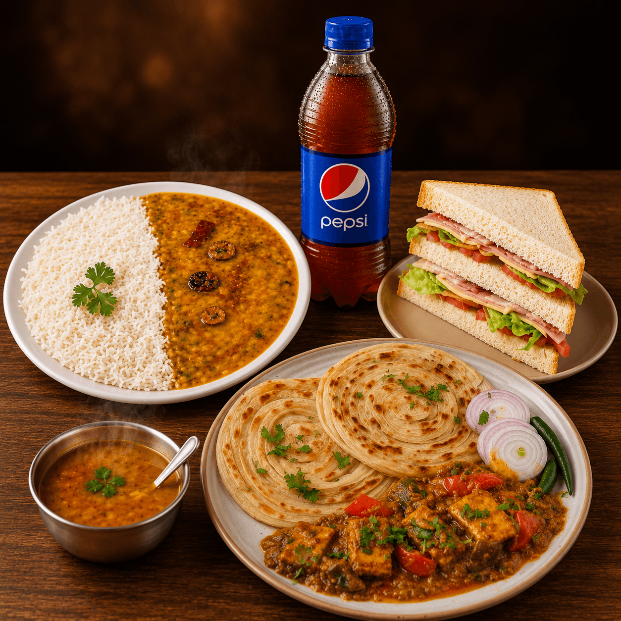 Dalcha rice, paneer tikka parota, veg sandwich and pepsi