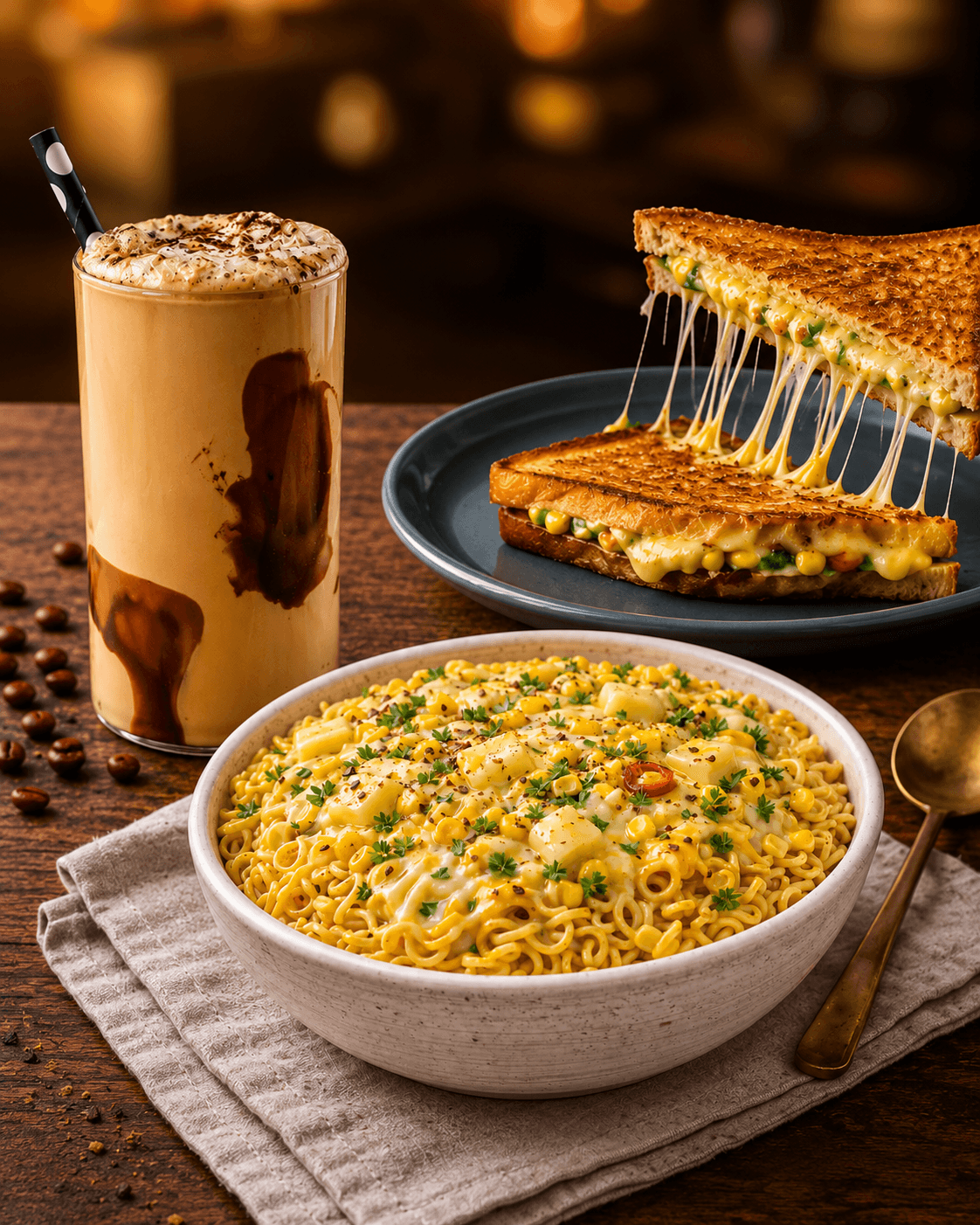 Veg. Corn chees maggi, cold cofee and chees vegitable toast.