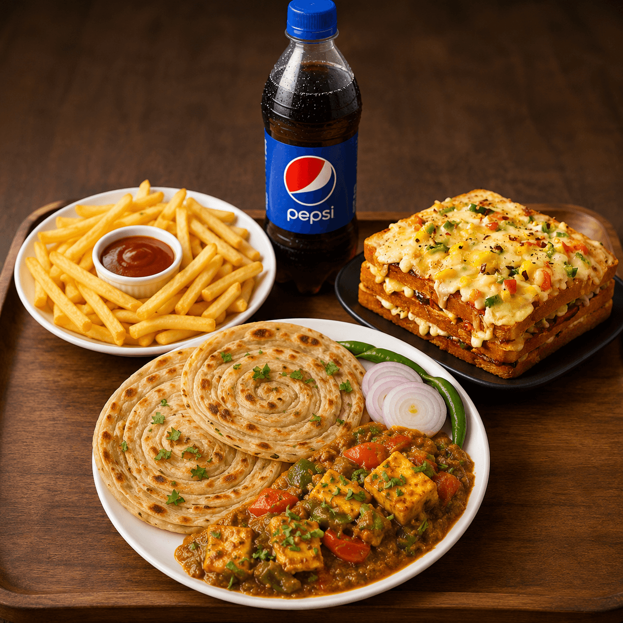 Paneer parota, sandwich corn paneer pizaa, salted french fries and free pepsi