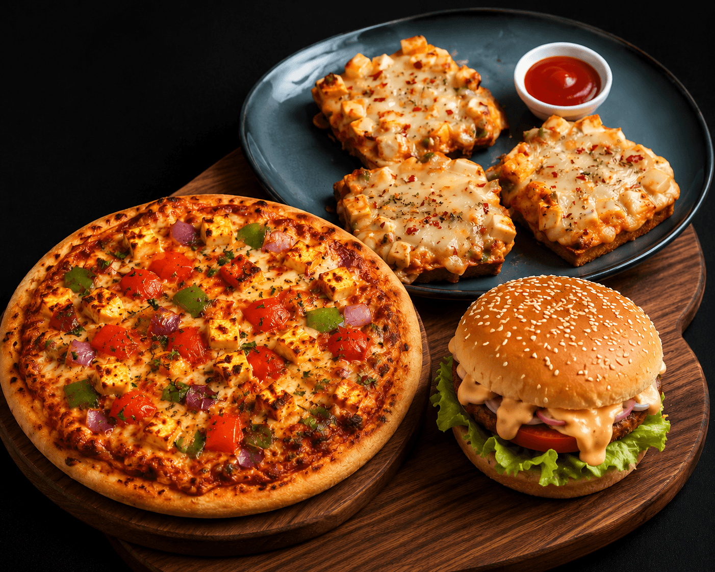 Chees Vegitable pizza, aloo tikki burger and chees paneer grill toast