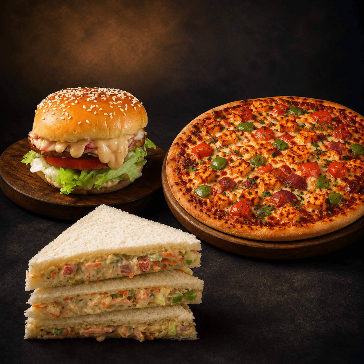 Chees vegitable pizza, aloo tikki burger, meyo veg sandwich
